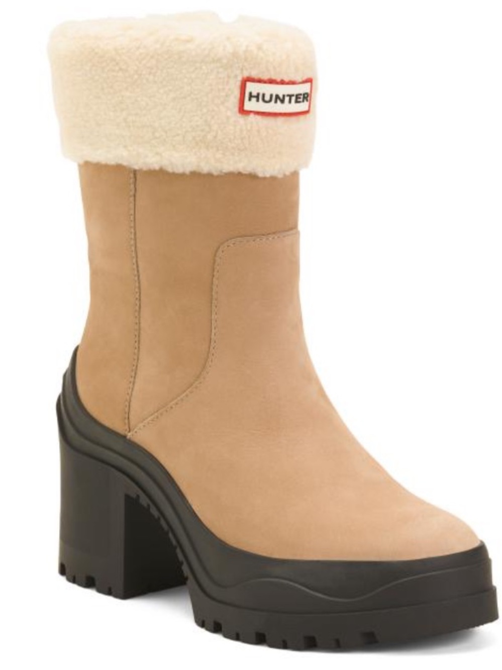 Hunter Tan Suede Shearling-Trim Platform Boot